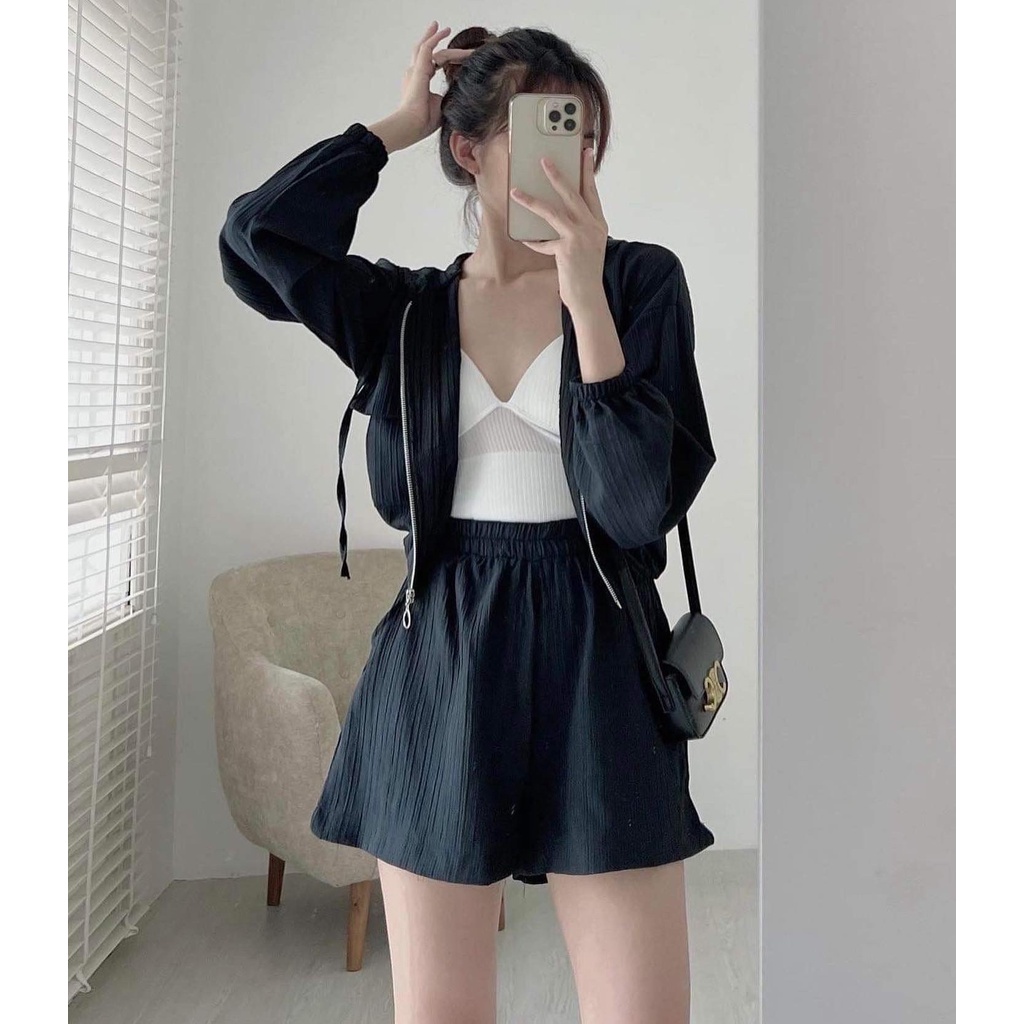 Set Đồ Bộ nữ Chất Liệu Đũi Nhăn FreeShip Áo Khoác Kèm Quần Đùi Phong Cách Hàn Quốc