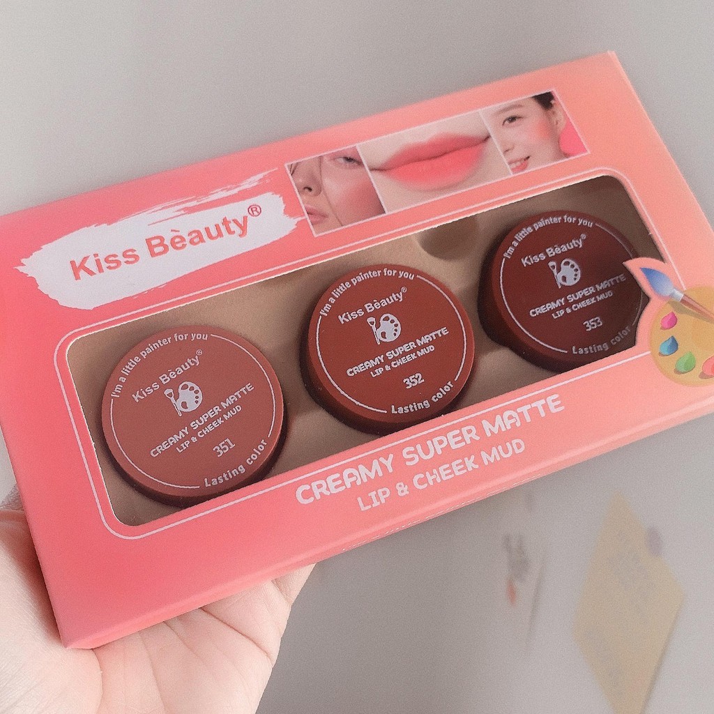 Set 3 son dạng hũ  Kiss Beauty Creamy Super Matte tặng kèm cọ môi Làm Son Vừa Làm Má Hồng