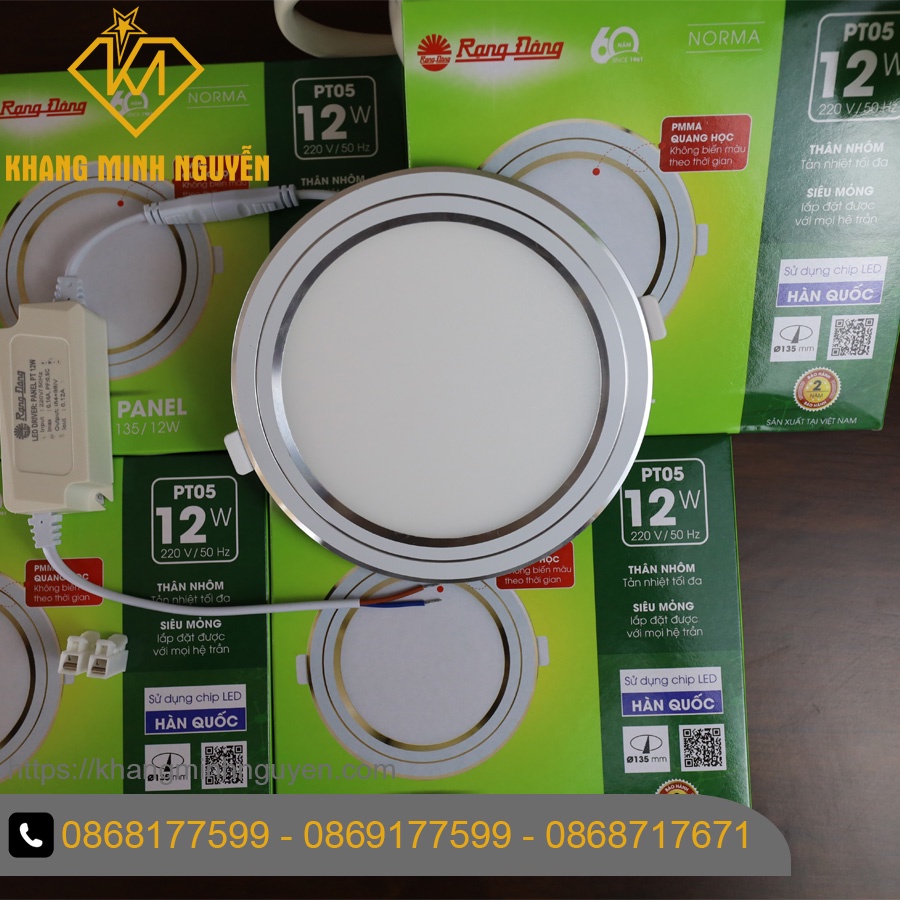 Đèn LED Panel âm trần (Downlight) RẠNG ĐÔNG PT05 135/12W-Silver viền bạc có 2 màu trắng 6500K và vàng 3000K