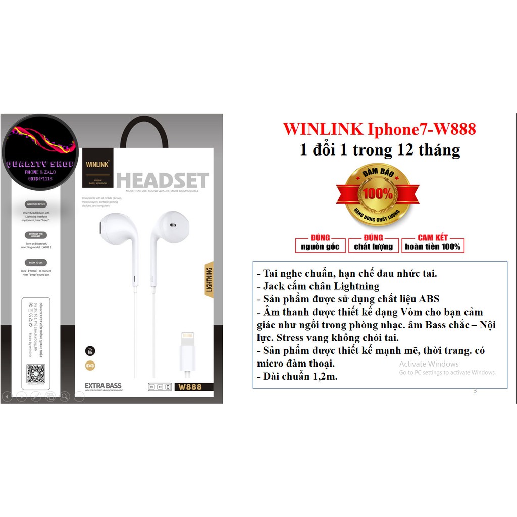 [1 đổi 1 trong 12 tháng]_Tai Nghe Bluetooth Iphone 7 Winlink 02W888