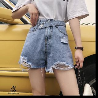 Quần short denim nữ lưng cao xẻ rách cá tính