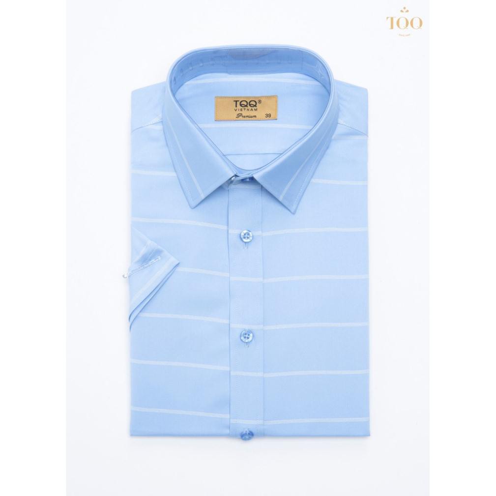 Áo sơ mi nam ngắn tay TQQ dáng Slimfit công sở K303CSC-CB xanh biển kẻ trắng