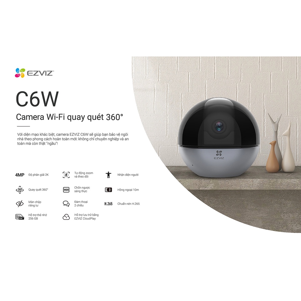 Camera Wifi Ezviz C6W siêu nét 4Mp góc rộng xoay 360 độ - TRANGIATELECOM