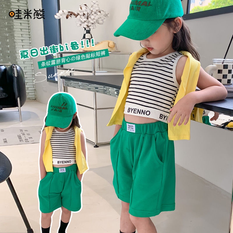 Set Áo Thun Ngắn Tay Và Quần Short Họa Tiết Kẻ Sọc Phong Cách Hàn Quốc Thời Trang Mùa Hè Cho Bé Gái