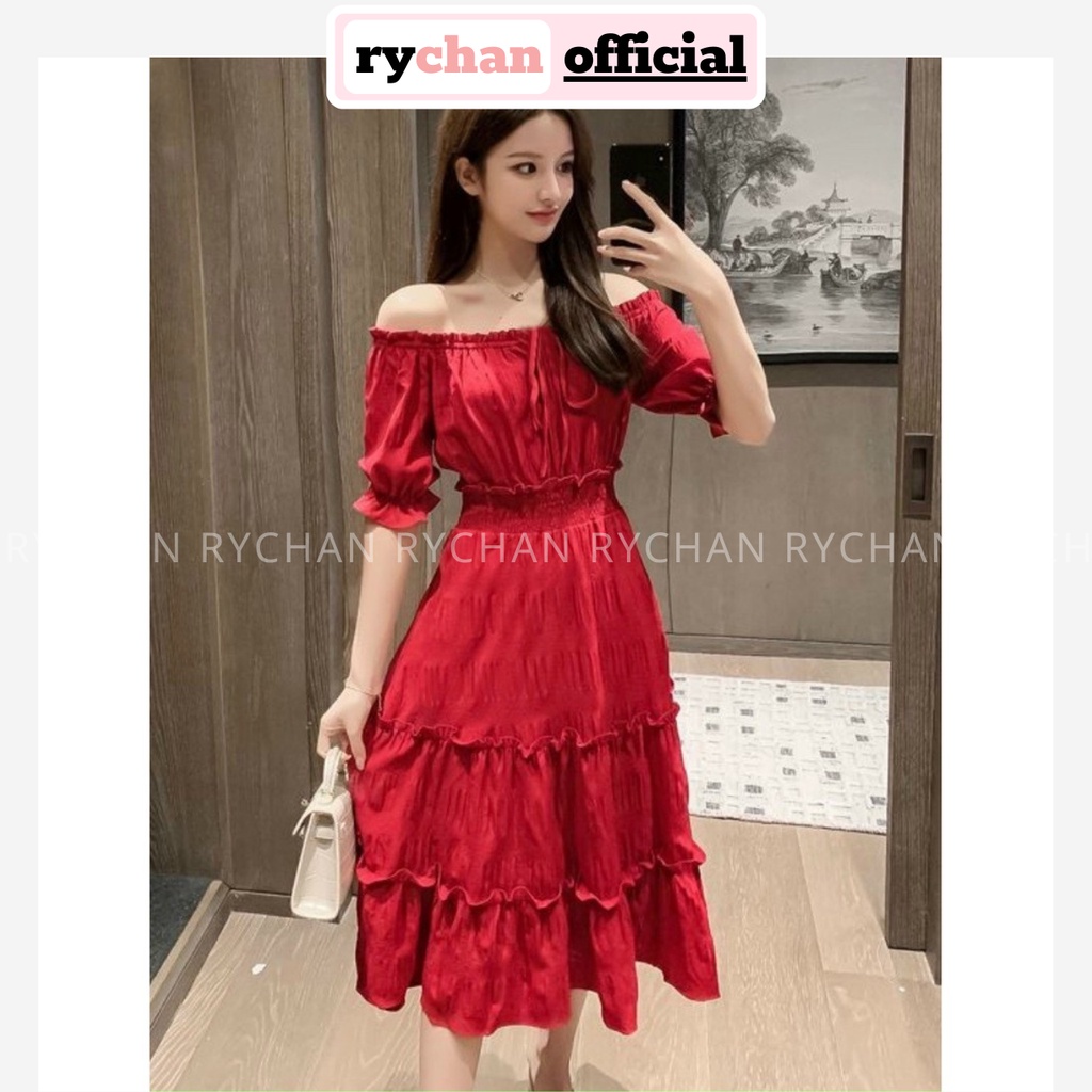 Đầm Xòe Đi Biển Midi Đỏ Trễ Vai Thắt Nơ Ngực - DX0082