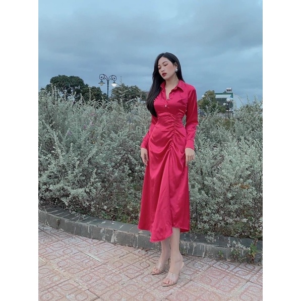 Đầm maxi sơmi phi nhíu eo dài tay 2 màu