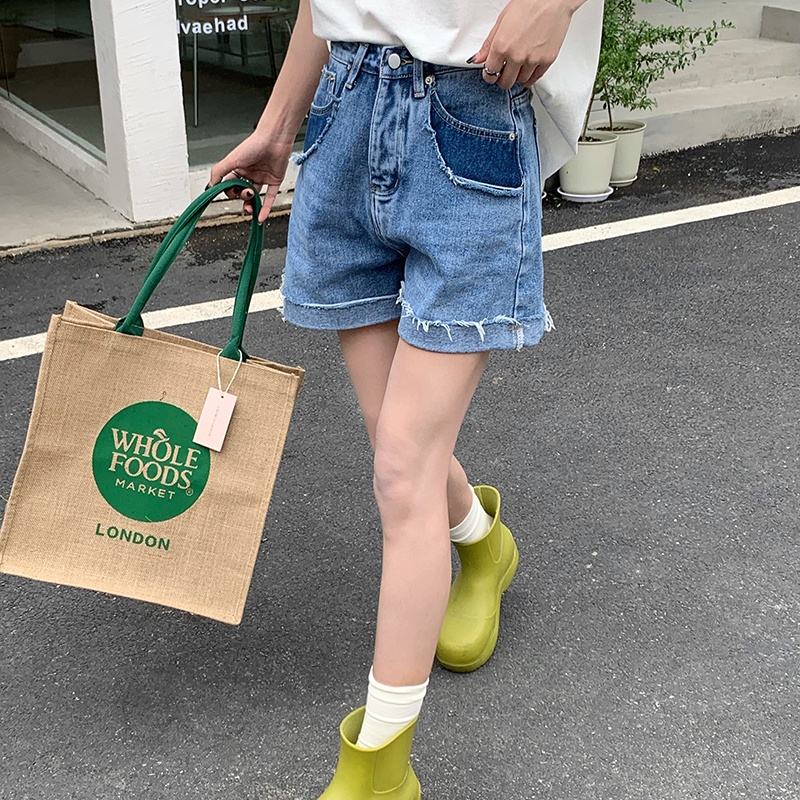 Quần short jean SUXI lưng cao ống rộng thiết kế đơn giản thời trang dành cho nữ
