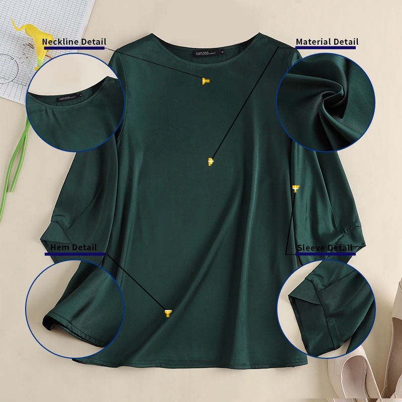 Áo thun Zanzea vải satin tay phồng cổ tròn màu trơn thời trang dành cho nữ