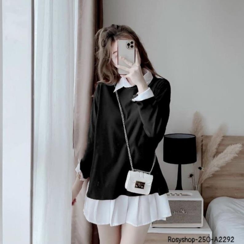 nguyên bộ đầm sơ mi trắng phối kèm áo len gân đỏ hoặc đen, cực chất