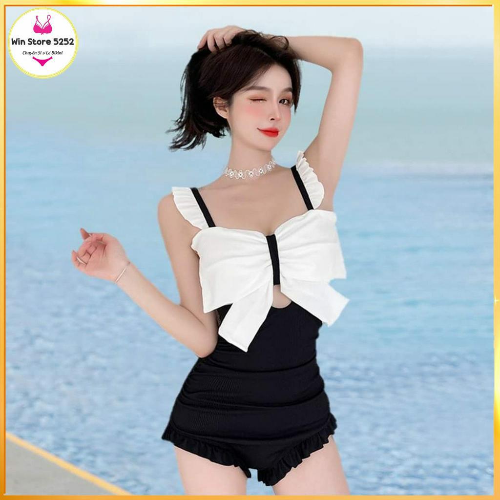 Bikini bộ bơi đồ bơi nữ một mảnh liền thân phối nơ trắng che bụng LT-68