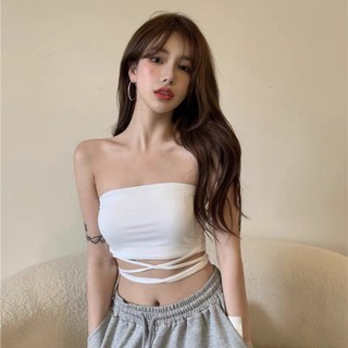 Áo Ống Croptop Cột Dây Eo Màu Trắng Đen Chất Thun Dày Dặn Freesize 53kg