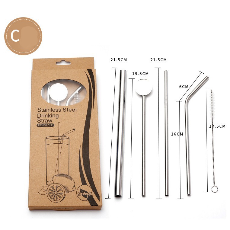 Combo 4 Ống Hút Inox đa năng có muỗng và Ống trân châu - Stainless Steel Straws - Thân Thiện Với Môi Trường - Dài 21.5cm