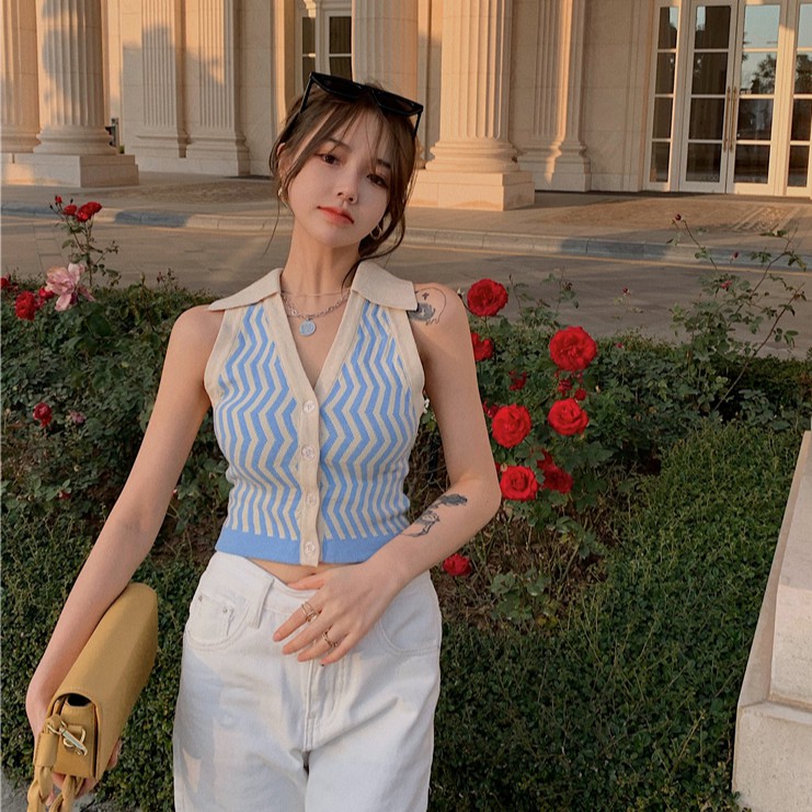 Áo Dệt Kim Cổ Yếm Phong Cách Hàn Quốc Xinh Xắn Dành Cho Nữ