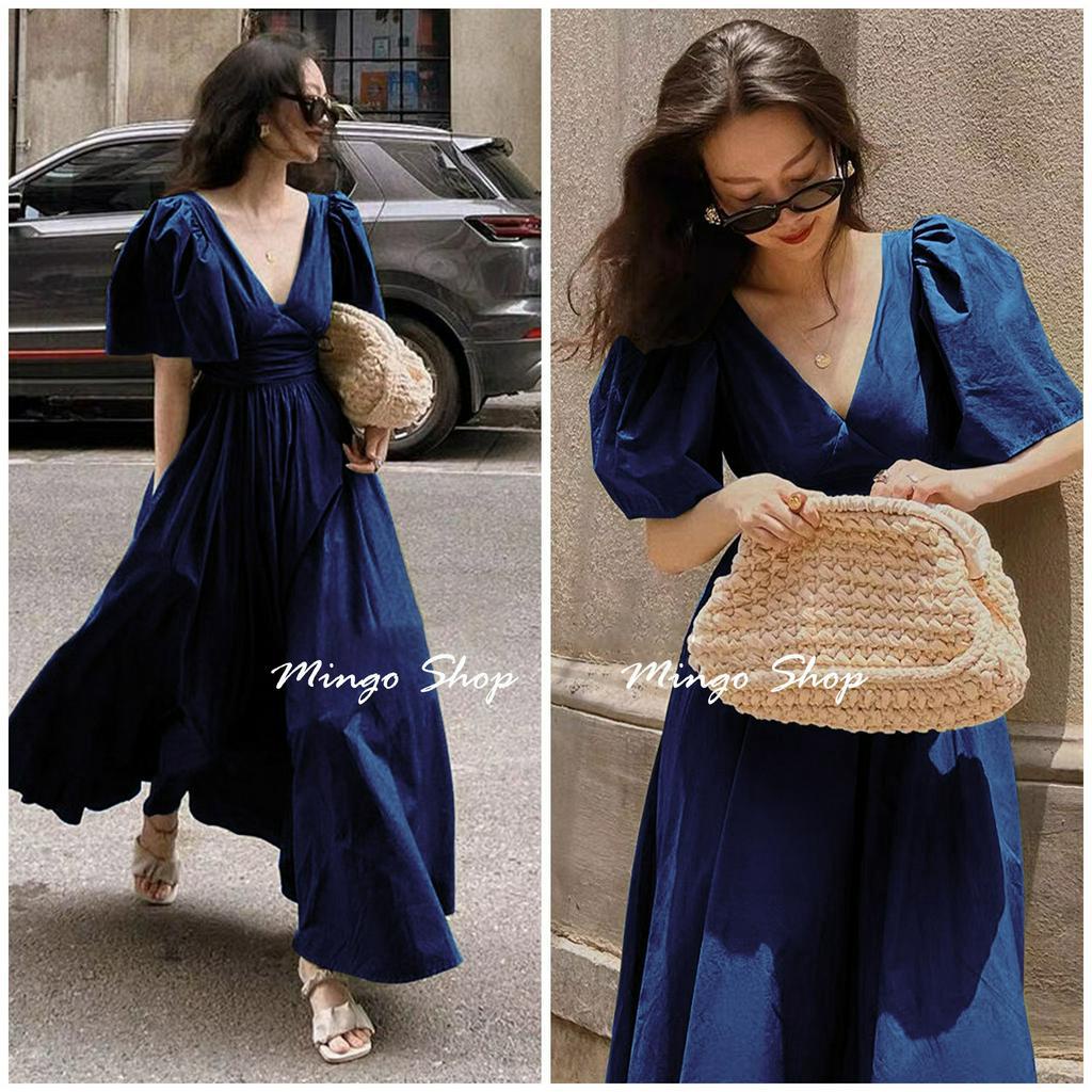 Váy maxi cổ V dáng dài, Đầm maxi thiết kế dáng dài xòe sang trọng mặc đi chơi đi tiệc chất liệu thô mát có size ngoại cỡ