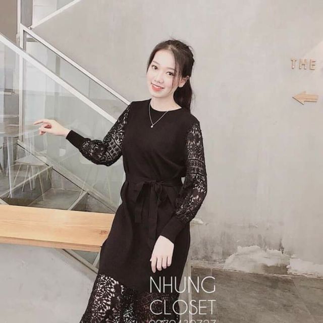 Váy xinh cho các c mua này đây ạ, kết hợp pha ren ở ống tay và gấu váy đem lại sự trẻ trung nữ tính cho người mặc .