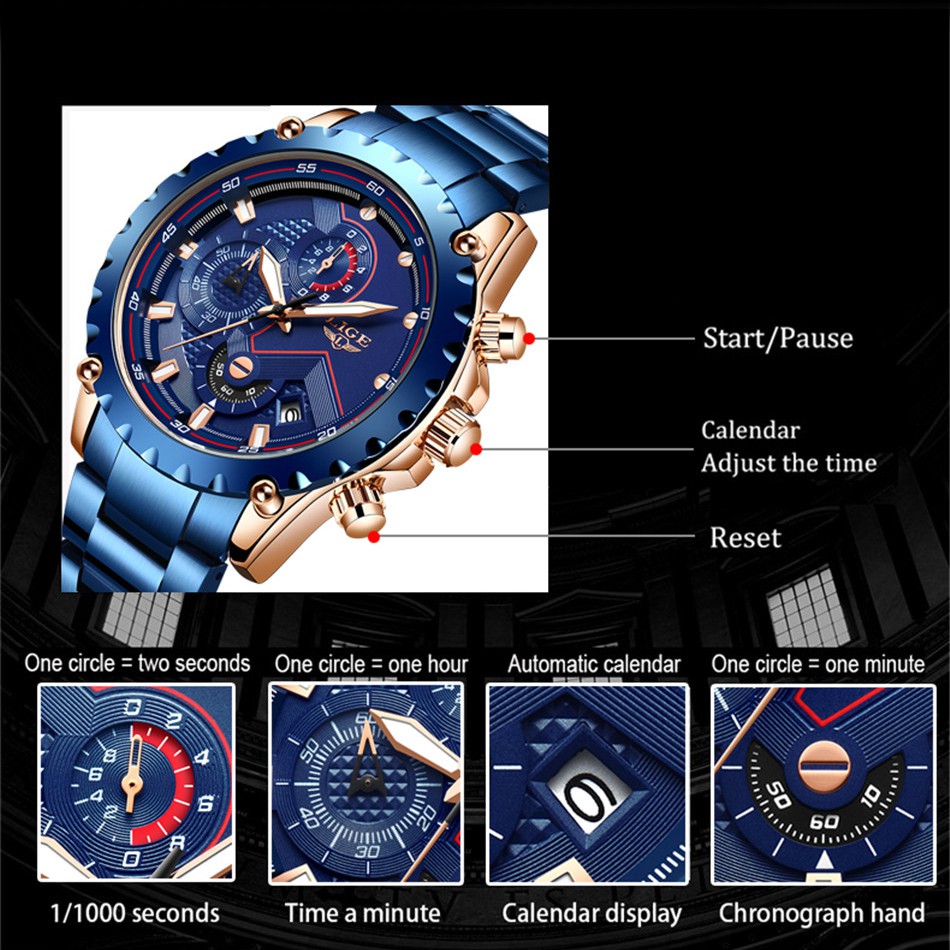 LIGE Đồng Hồ Quartz Chống Thấm Nước Chất Liệu Thép Không Gỉ Màu Xanh Sang Trọng