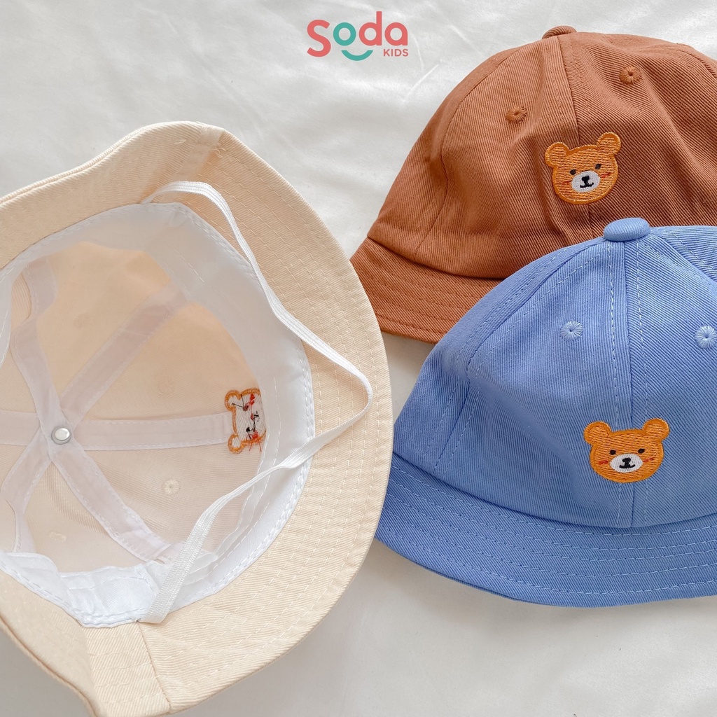 Mũ vành nhỏ trơn thêu gấu 3 màu dành cho bé trai và bé gái (Ảnh thật)