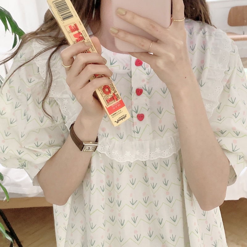 Đầm Ngủ Tay Ngắn Phối Ren Mỏng In Họa Tiết Thời Trang Mùa Hè Hàn Quốc Cho Nữ