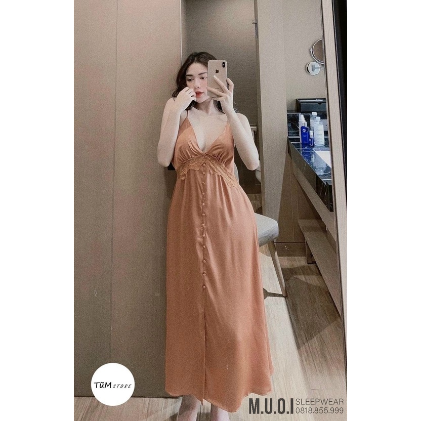 [FREESHIP] Váy ngủ sexy Quảng Châu - Sx 158 Váy ngủ lụa dáng dài cúc bọc hot hit cao cấp QUảng Châu Muối Sleepwear