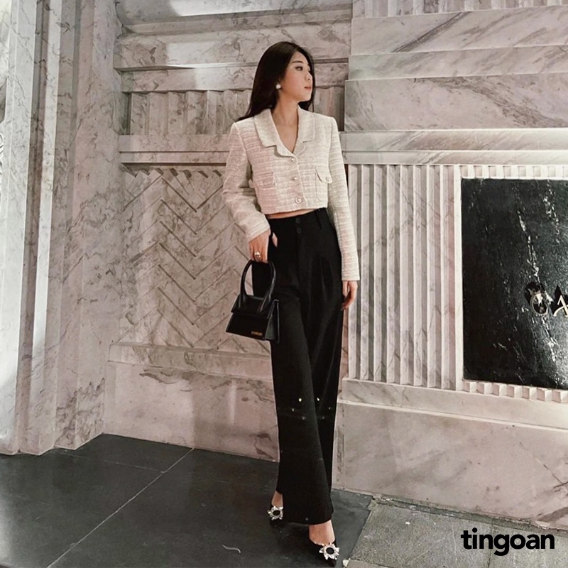 TINGOAN®  - Áo khoác tweed crop cổ bẻ trắng tingoan PINK SWEET JACKET/WH