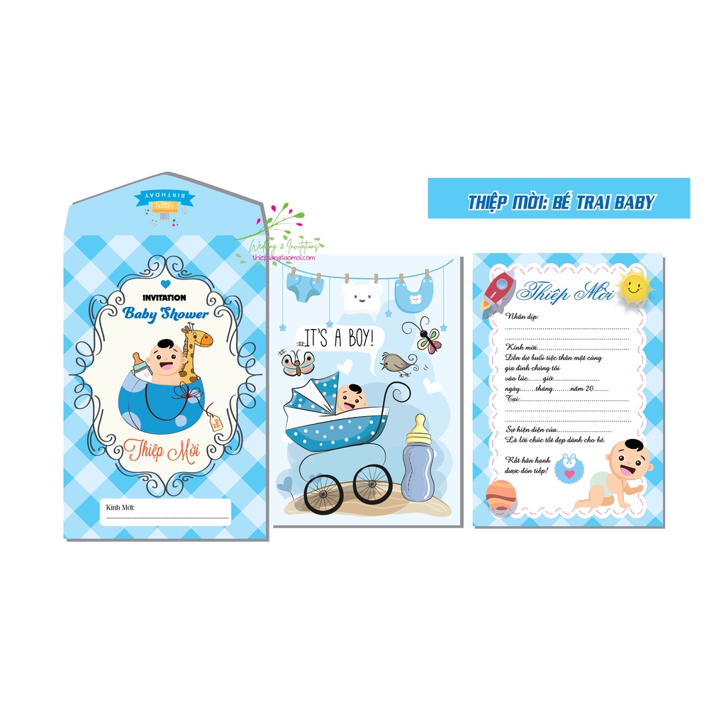 Sét 20 bộ thiệp mời thôi nôi, đầy tháng bé trai nằm nôi