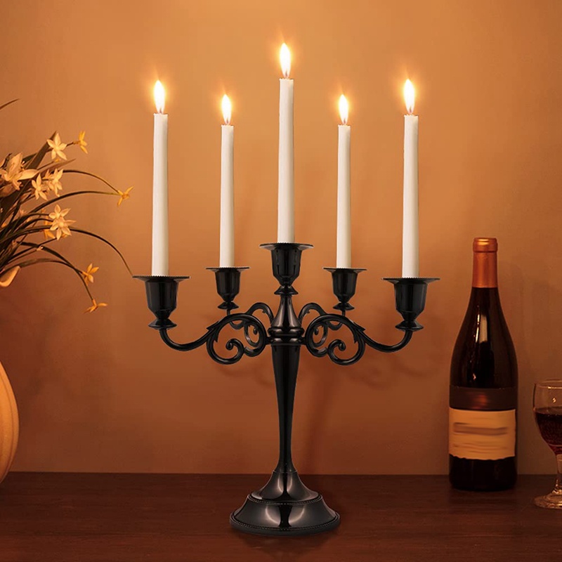 Giá Đỡ Nến Candelabra Bằng Kim Loại Màu Đen Kèm 5 Que Nến Phong Cách Gothic Trang Trí Nhà Cửa /