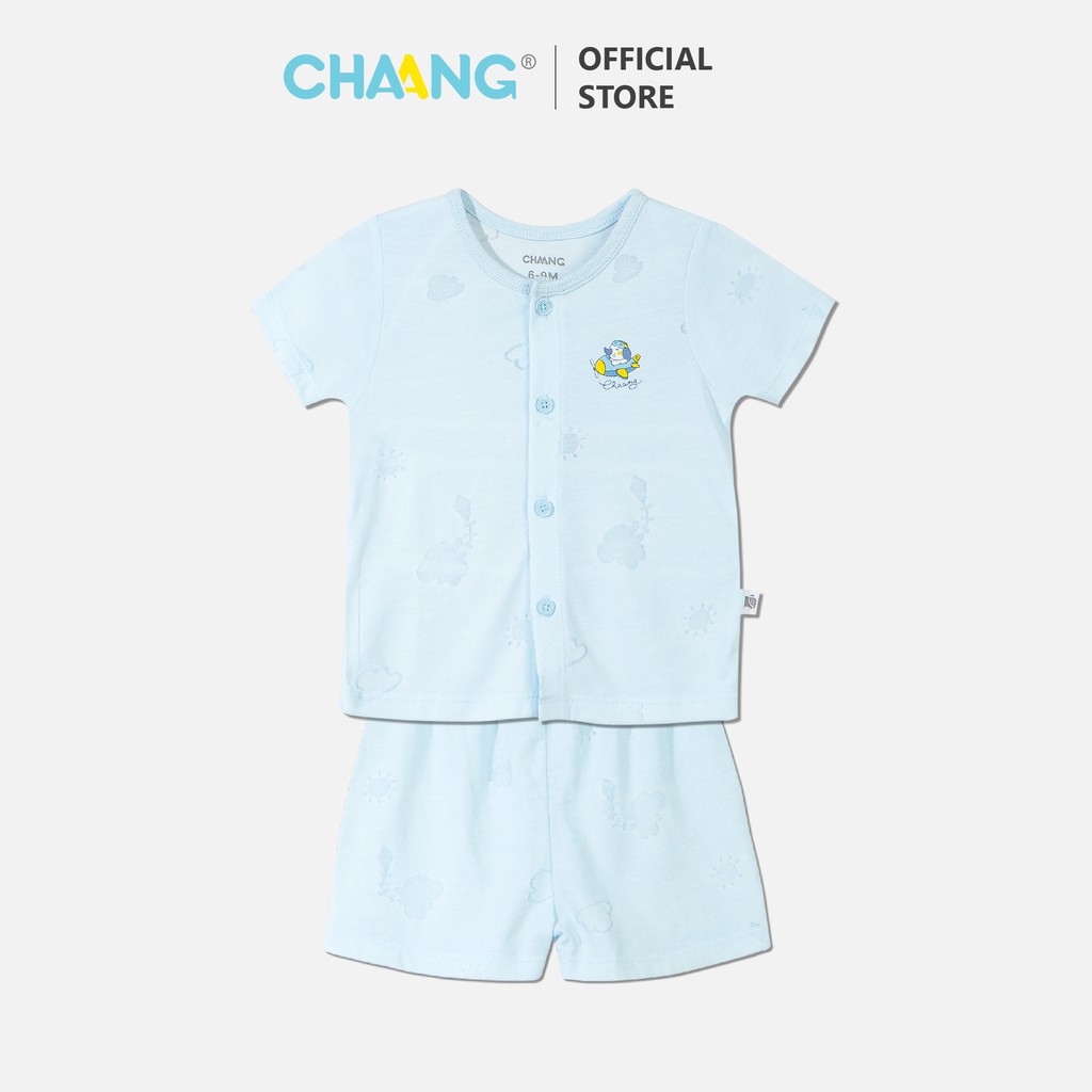 Bộ quần áo cộc cúc giữa summer xanh da trời, BST Summer Chaang 2021, quần áo trẻ em cotton an toàn cho bé