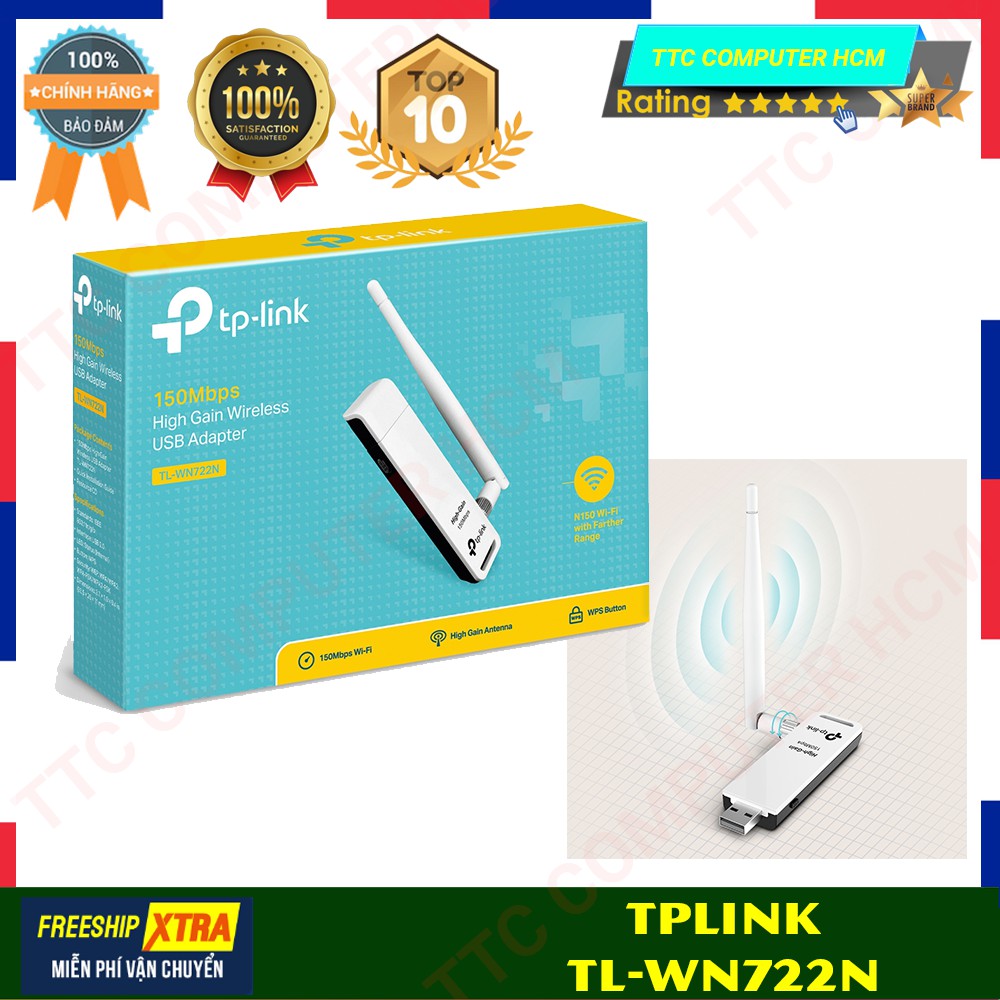 TPLINK WIFI TL-WN722N | Bộ chuyển đổi USB Wi-Fi Độ lợi cao Tốc độ 150Mbps | Bộ Thu WIFI TPLINK TL-WN 722N