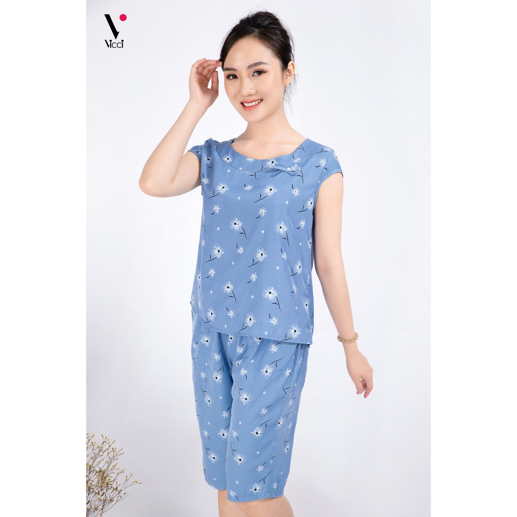 Bộ đồ mặc nhà đũi Vicci BDT.02 áo tay hến quần lửng họa tiết hoa nhiều màu