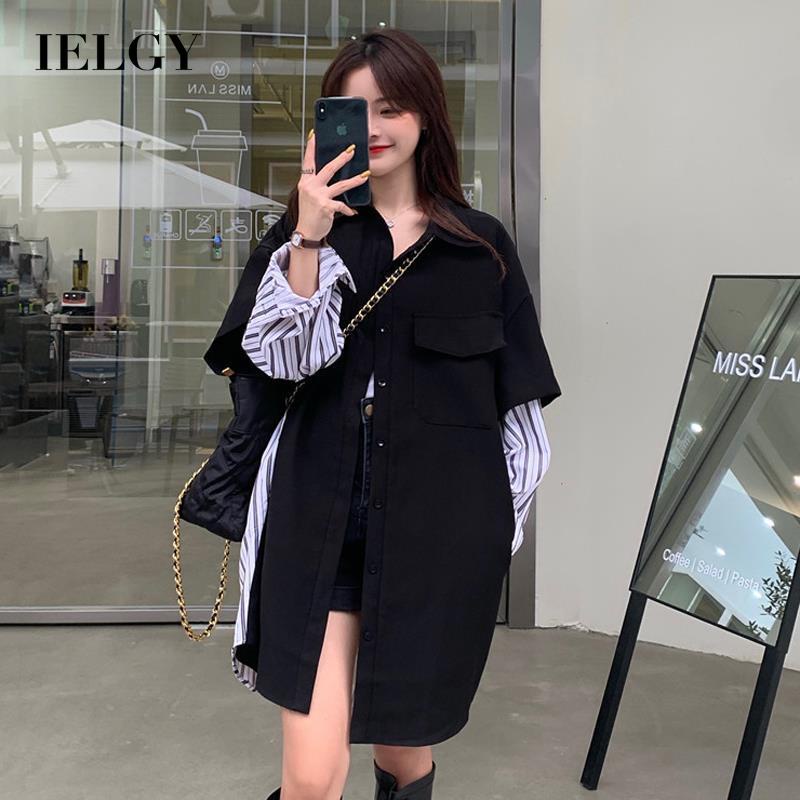 IELGY Áo sơ mi tay dài họa tiết kẻ sọc phong cách retro hong kong cho nữ