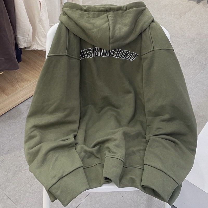 Áo Khoác Nỉ Mũ Dây Kéo Form Rộng  Xanh Rêu Thêu Chữ NEVERTHAT Unisex Chất Nỉ Dày Dặn Kèm Ảnh Thật