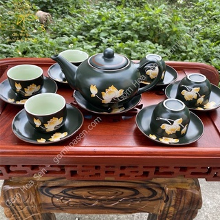 Bộ ấm trà, gốm sứ vẽ hoa sen ấm chén bát tràng cao cấp