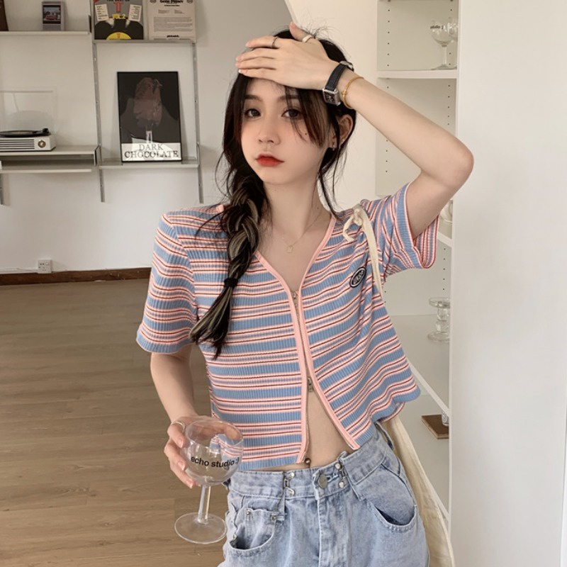 Áo Cardigan Dệt Kim Tay Ngắn Cổ Chữ V Phối Khóa Kéo Thời Trang