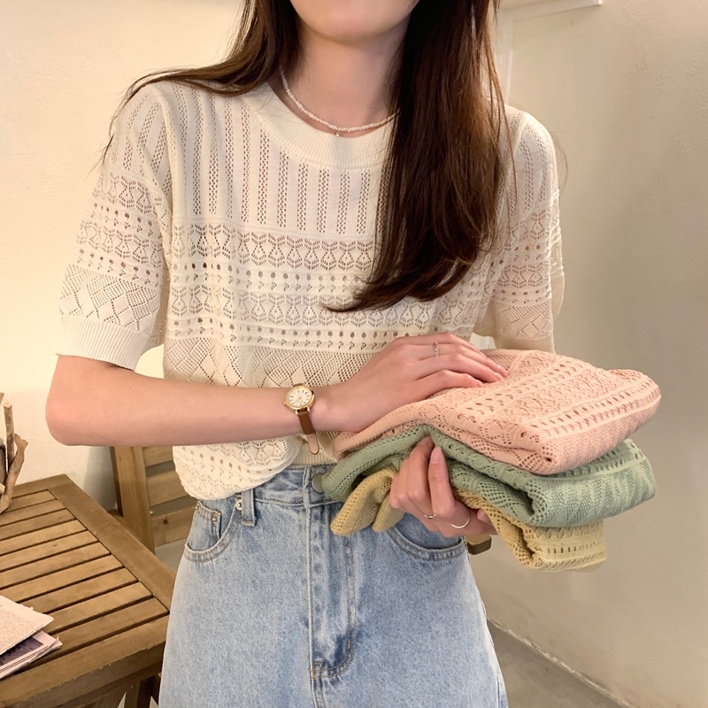 [Hana And Alice] Áo Len Móc Tay Ngắn Dễ Phối Đồ Hợp Thời Trang