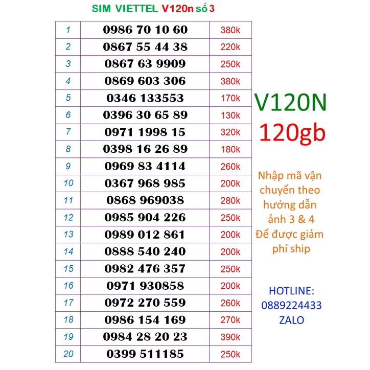 Sim viettel 10 số V120n số 3 (120k = 120gb 1 tháng, nghe gọi miễn phí nội mạng, liên mang)