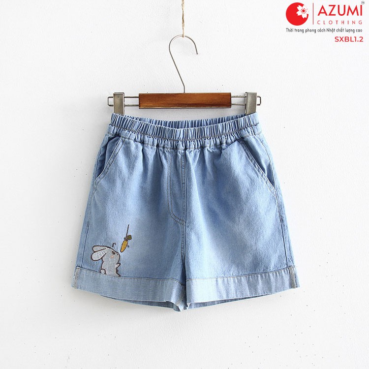 Quần short nữ Azumikichi phong cách Nhật Bản thêu thỏ gặm Carot - QS2.1