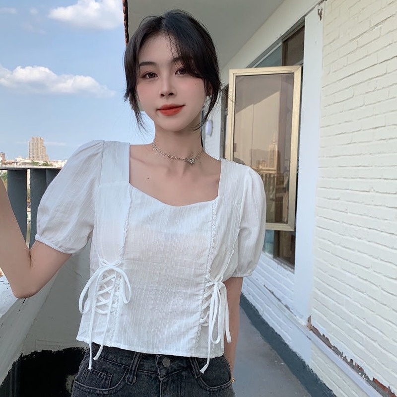 Áo Kiểu Cổ Vuông Tay Phồng Phối Dây Rút Phong Cách Pháp Thời Trang Mùa Hè Cho Nữ