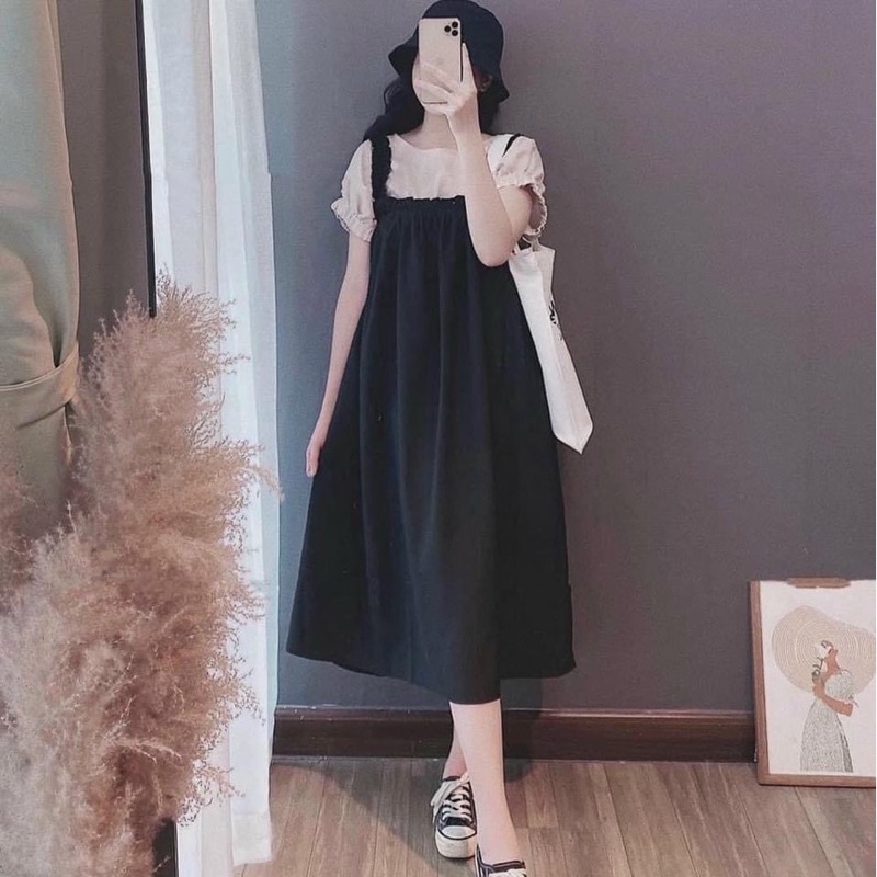 Set Váy Yếm kèm Áo đũi màu be dáng dài suông xinh