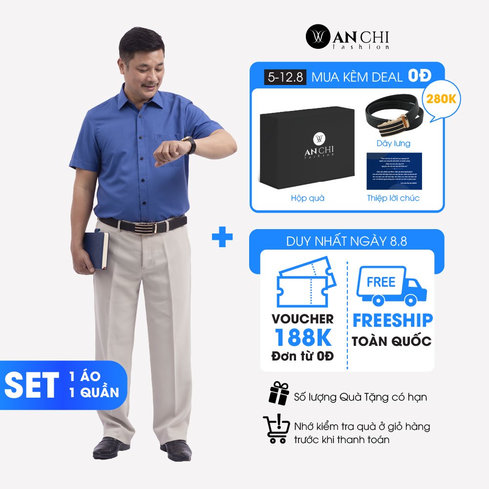 Combo Áo Sơ Mi Nam Classic Xanh Than Và Quần Âu Vải Tăm Màu Kem Trung Niên ANCHI Cao Cấp