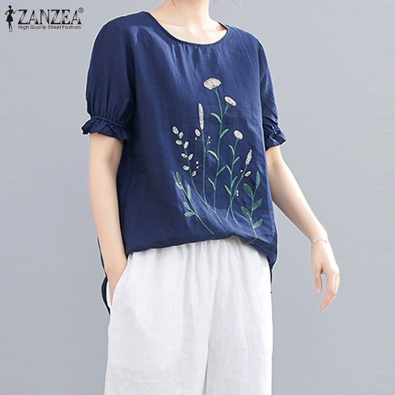 Áo kiểu ZANZEA vải cotton tay ngắn màu trơn thêu hoa phong cách học đường đơn giản thời trang nữ