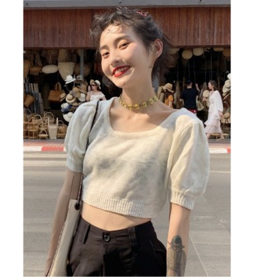 NRVP Áo Croptop Dệt Kim Tay Ngắn Cổ Vuông Phong Cách Hàn Quốc Thời Trang 2020 Cho Nữ