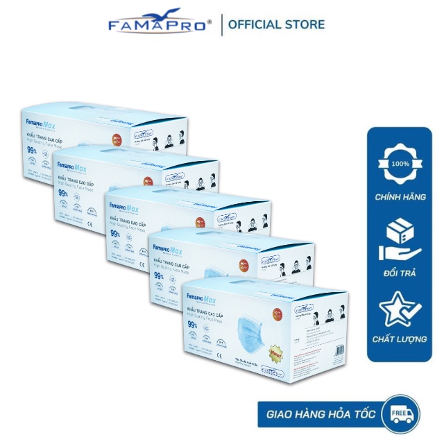 [HỘP40 CÁIMÀU XANH] COMBO 5 HỘP Khẩu trang y tế 4 lớp kháng khuẩn cao cấp Famapro max