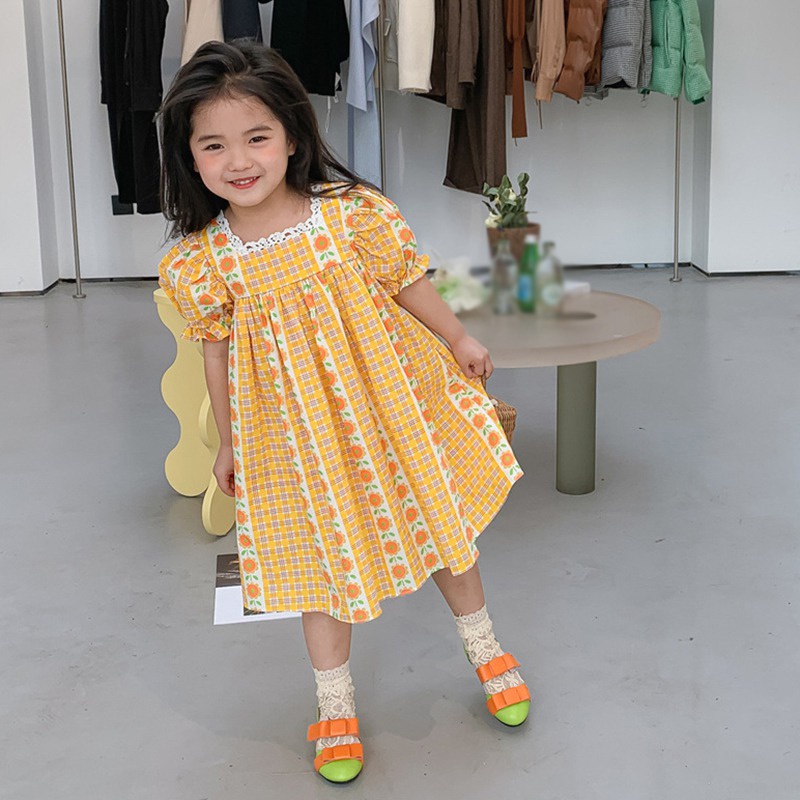 Đầm Công Chúa Mùa Hè Cổ Vuông Tay Cộc In Họa Tiết Hoa Cho Bé Gái Se7en