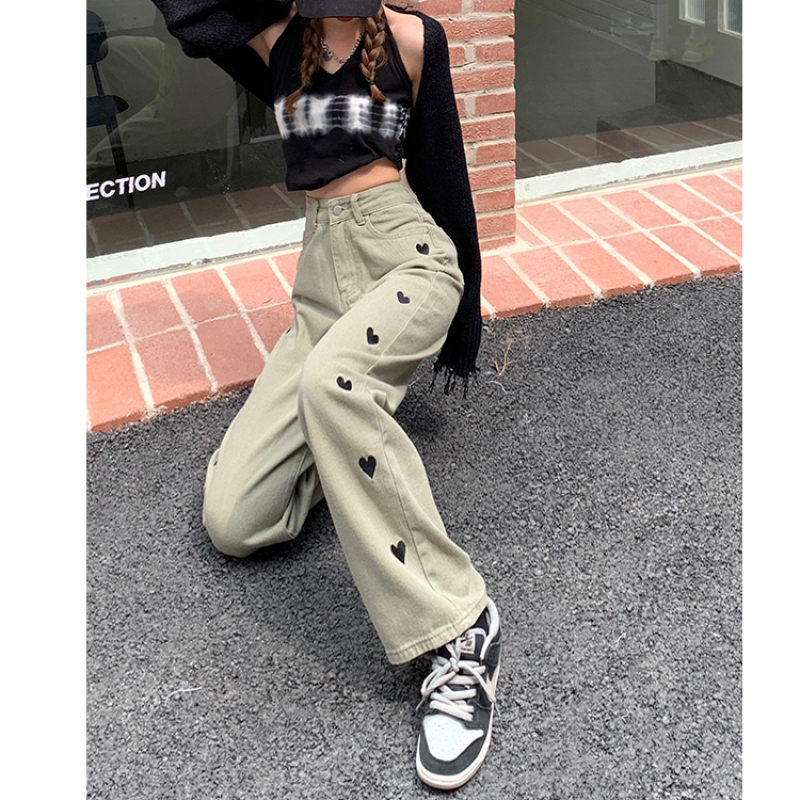 Quần Jeans Ống Rộng Thêu Hình Trái Tim Xinh Xắn Cho Nữ