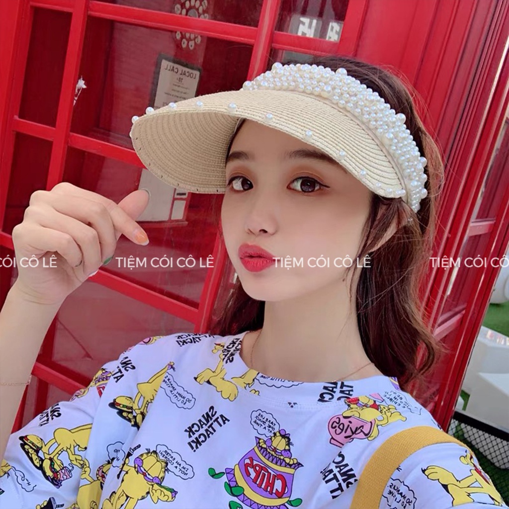 Nón cói đi biển nửa đầu đính trai thời trang cho bạn gái - Tiệm Cói Cô Lê