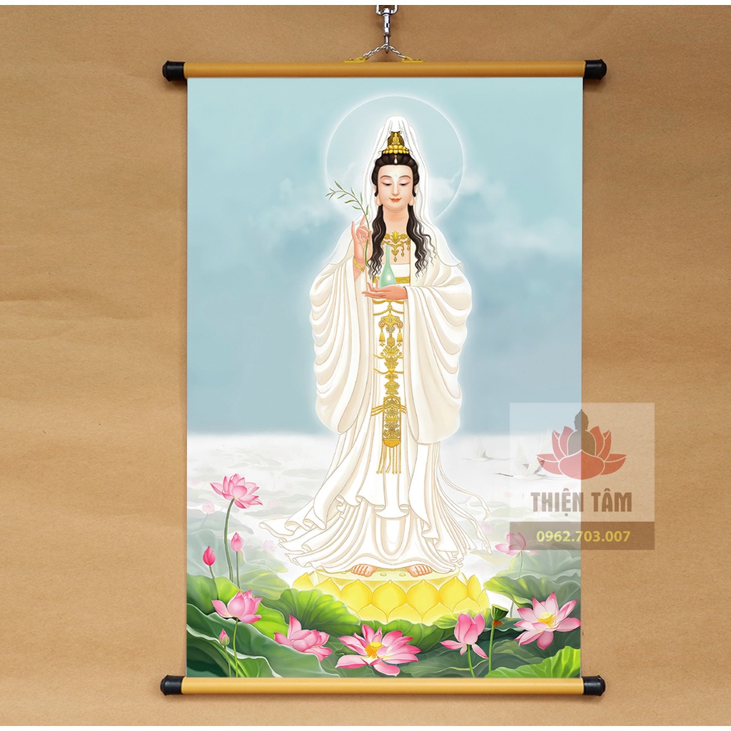 Tranh Quan Âm Bồ Tát hồ sen treo tường 40x60cm bằng vải phủ bóng cao cấp dày dặn
