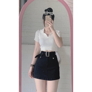 Áo Croptop Cổ Bẻ Xẻ V Trơn