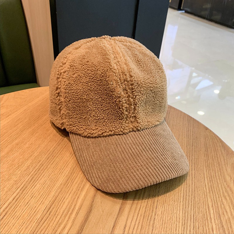 Mũ lưỡi trai gân nhung phối lông cừu phong cách ullzang