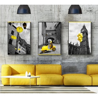 Bộ 3 tranh canvas treo tường xe tông vàng - kích thước 30 x 45 cm x 3 tranh