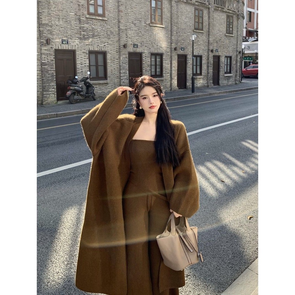 One-piece / suit autumn and winter new knitted medium-and long-style coat + irregular bra vest + long trousers